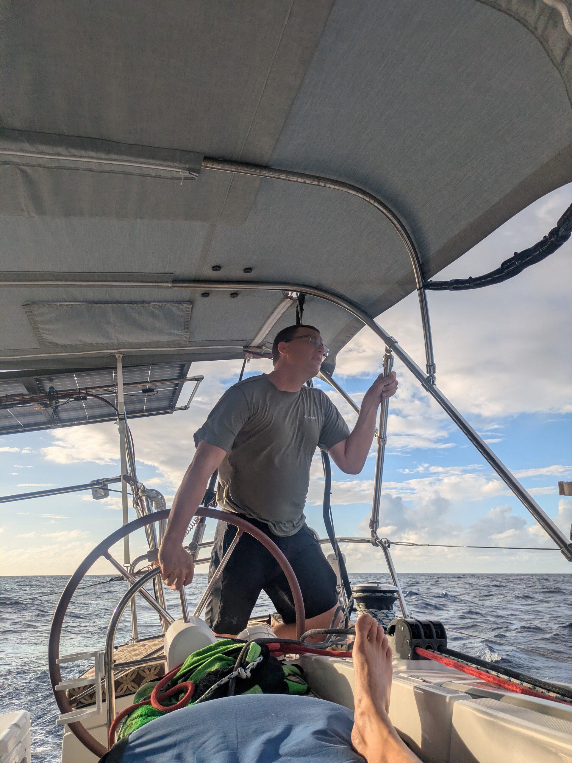 David at the helm scanning the horizon for Puerto Rico.